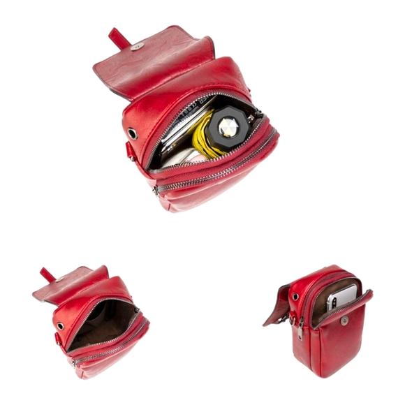 Women's Vintage Style Red Leather Crossbody Cell Phone Bag W/Tassel Decoration - Picture 6 of 7